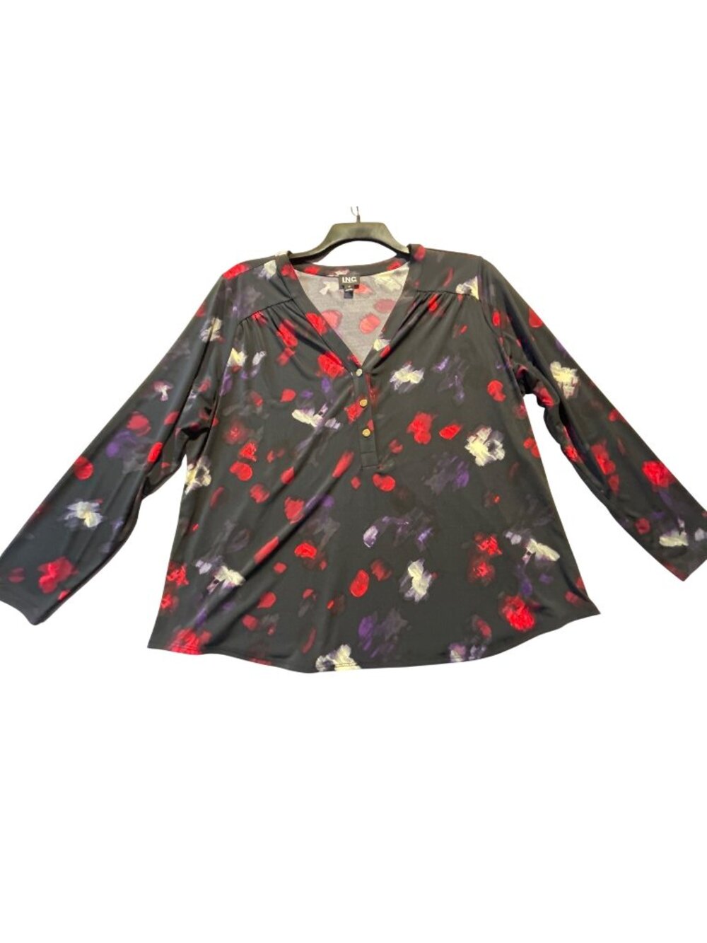 INC Womens Plus Size 1X Blouse Ava Blooms Black Long Sleeve Button Detail